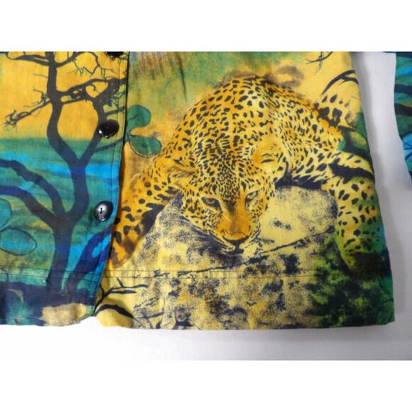 Kaktus USA Linen Top Blouse Button up Cheetah Animal Africa Trees Art to Wear Co - Picture 8 of 15